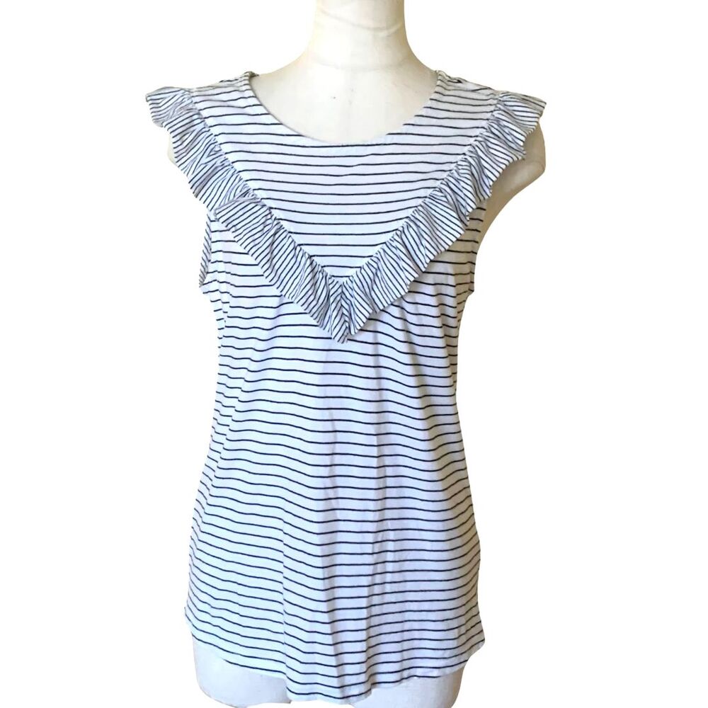 Anthropologie Maeve Striped Ruffle Sleeveless Tank Top White Black SIze S